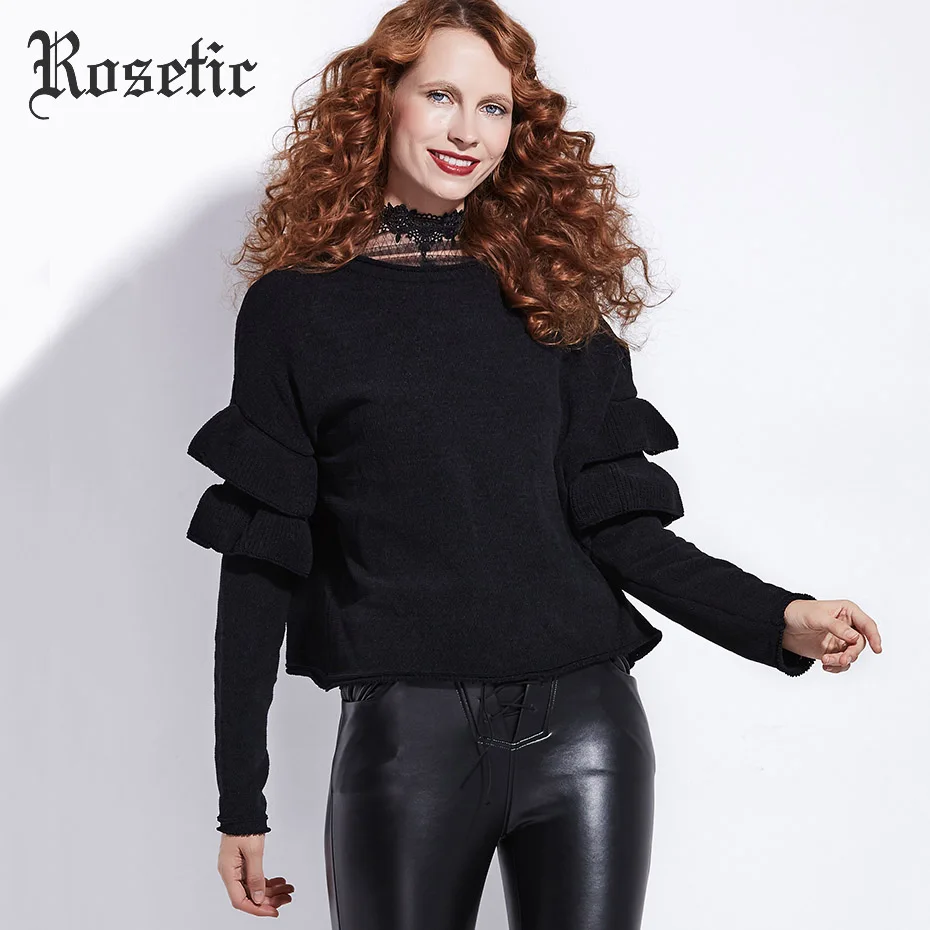 Rosetic Black Sweater Women Goth Winter Loose Black Falbala O-Neck Ruffles Fall Tops Retro Street Preppy Gothic Casual Sweater Rosetic Black Sweater Women Goth Winter Loose Black Falbala O-Neck Ruffles Fall Tops Retro Street Preppy Gothic Casual Sweater