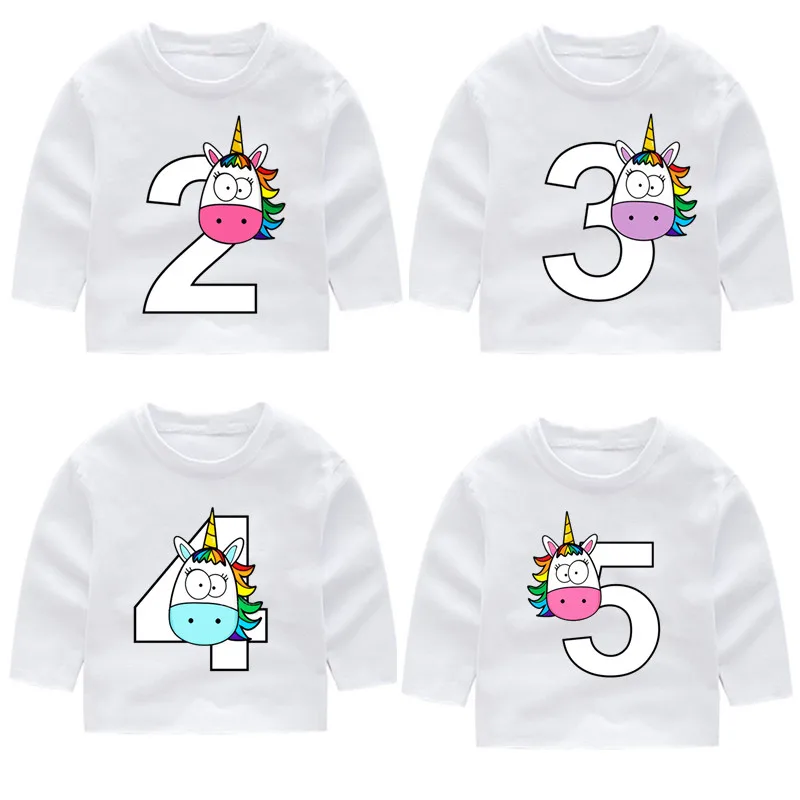 

2-14 Year Old,Kid Happy Birthday Rainbow Unicorn Number 1-9 Bow Long Sleeve T-shirts Autumn Boy Girl Long Sleeve Toddler Top Tee