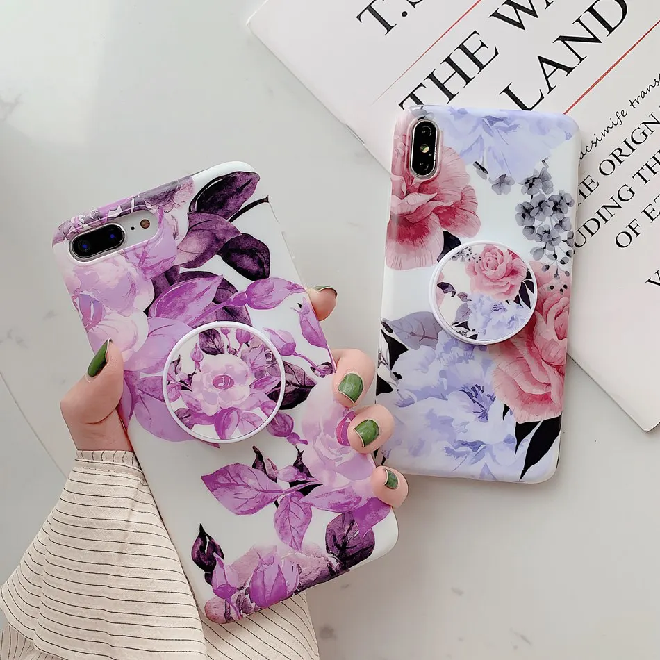 

For iPhone 7 Plus XR X XS Max Case Vintage Retro Flower Rose Foldable Kickstand Holder Cover For iPhone 8 6s Plus Soft TPU Coque