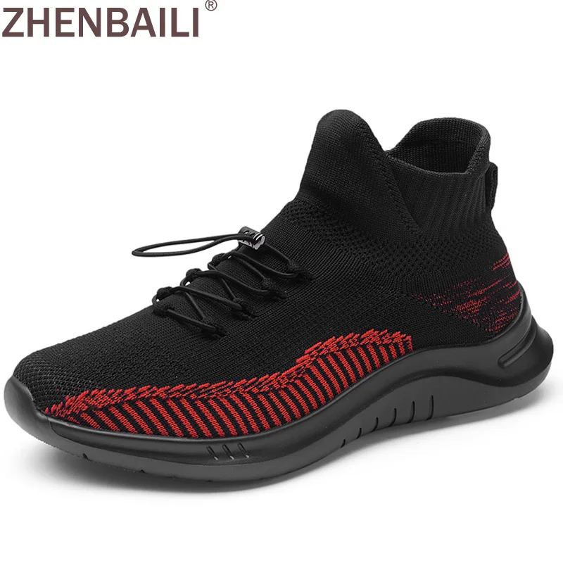 

ZHENBAILI Mixed Color Mesh Knit Breathable Slip On Sock Sneakers 2019 Spring Autumn High Top Walking Trainers Flat Casual Shoes