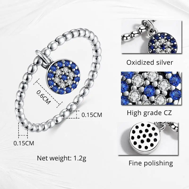 KALETINE Lucky Eye Ring Sterling 925 Silver Rings Blue Evil Eyes Pendant Charm CZ Cute Ringlet for Women Silver Jewelry KLTR098