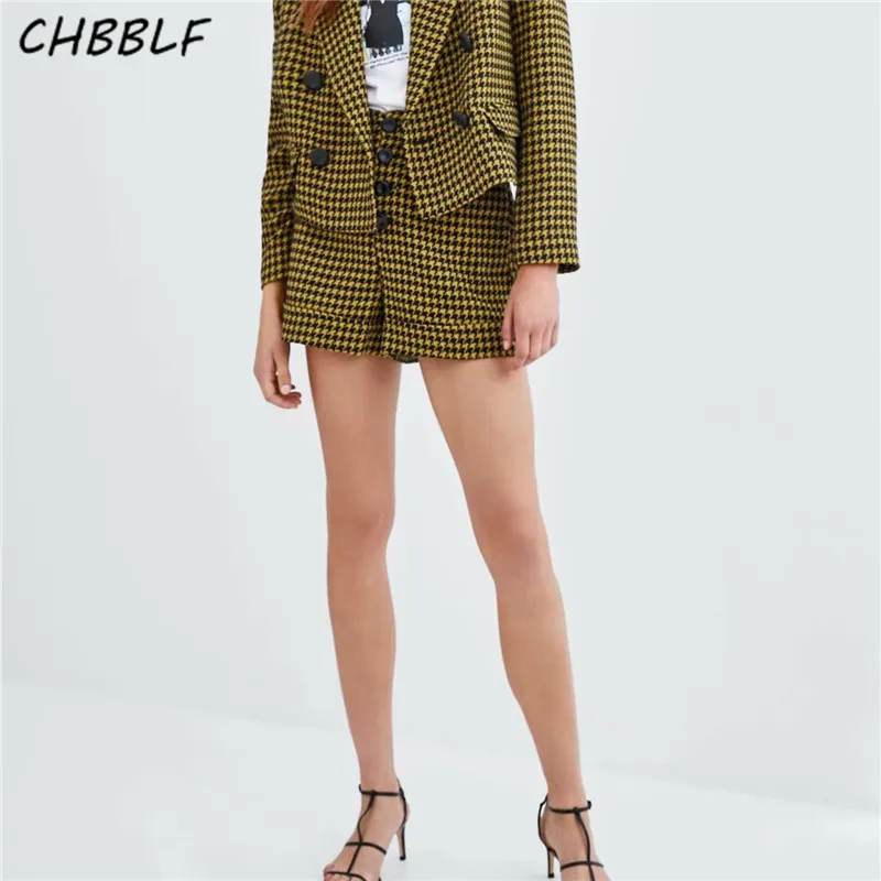 

CHBBLF vintage plaid houndstooth shorts high waist button fly design ladies fashion casual shorts BGB8464