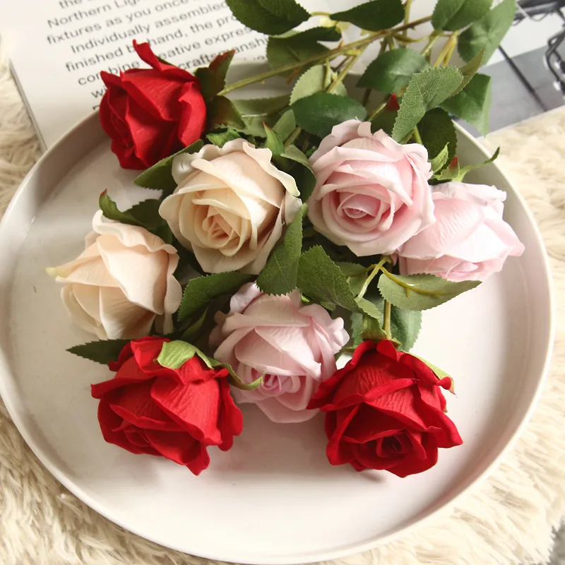Искусственные цветы, фланелевые розы, шелковые цветы, настоящие розы на ощупь, розовый свадебный букет, вечерние, домашний декор, искусственный цветок