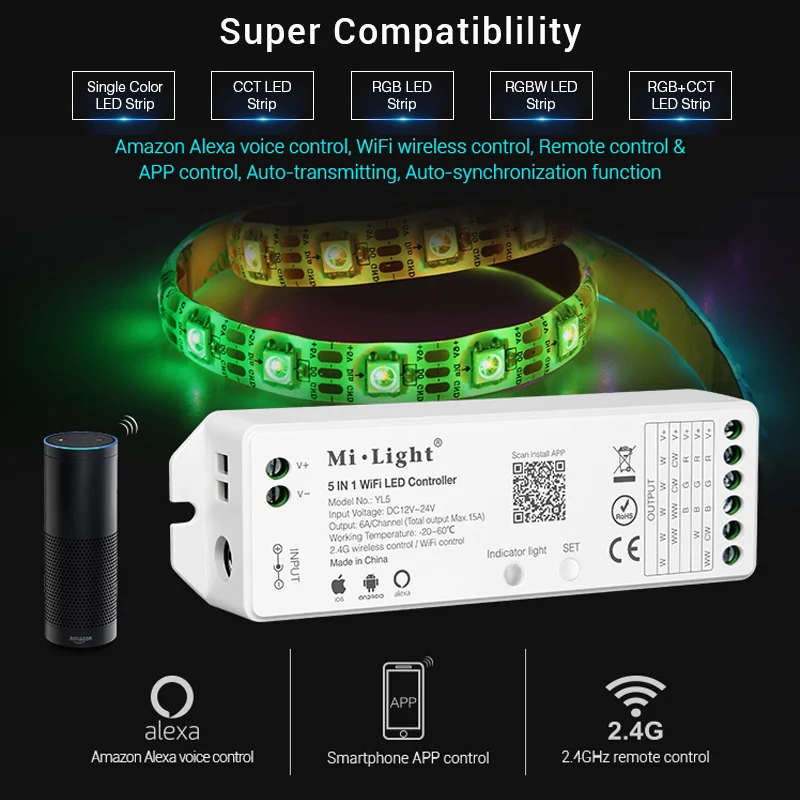 mi light 5IN 1 WiFi LED Smart Controller for single color RGB+CCT RGB RGBW LED strip Amazon Alexa Voice phone App Remote control
