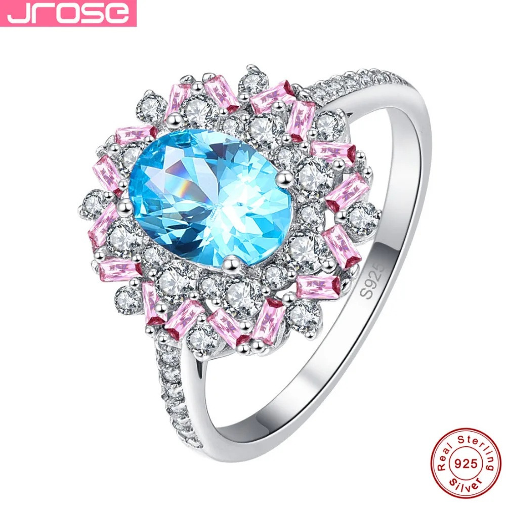 Jrose Ladies Wedding Lover Jewelery blue Zircon pink&ampwhite CZ Genuine Pure 100% Authentic 925 Sterling Silver Rings wholesale | Украшения