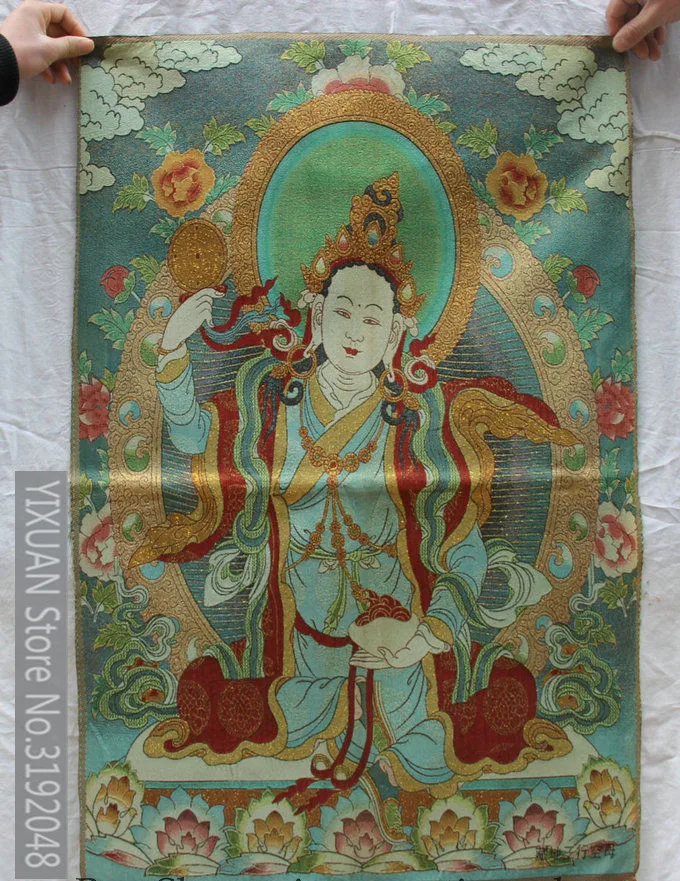 

Tibetan Silk Satin Green Tara enlightenment Goddess Tangka Paintings Mural Cross-stitch embroidery decoration.
