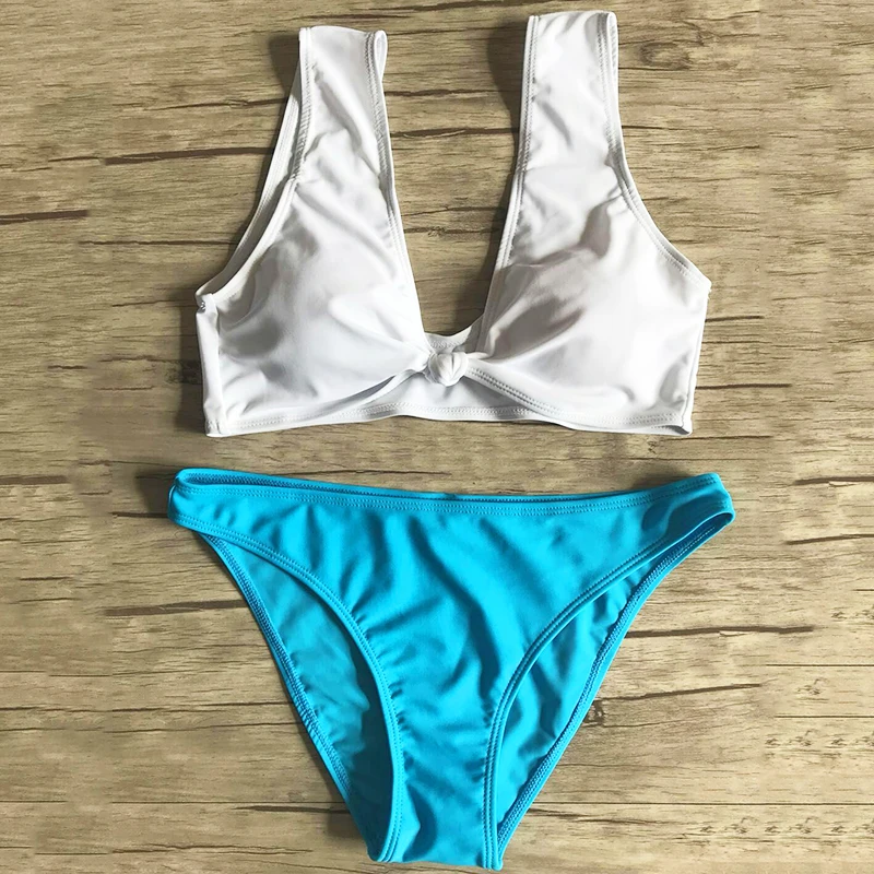 Preise PLAVKY 2020 Dame Sexy Weiß Blau Tiefe V Vorne Verknotet Biquini Schwimmen Tragen Badeanzug Badeanzug Bademode Frauen Brazilian Bikini