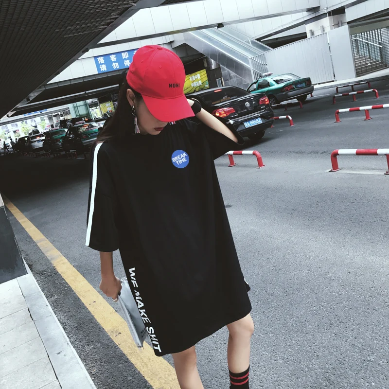 

Harajuku College half-sleeved letters bf long section of mixed-color short-sleeved t-shirt female summer wide loose tide