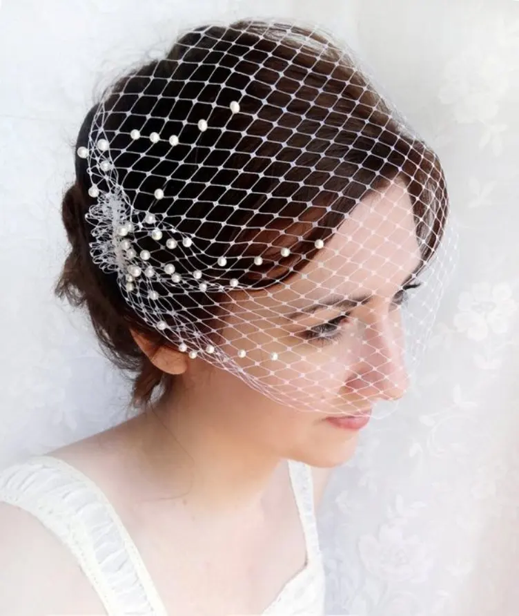 BIRDCAGE VEIL w Lace fascinator,Ivory White Diamonte Pearls Bridal veil,Blusher