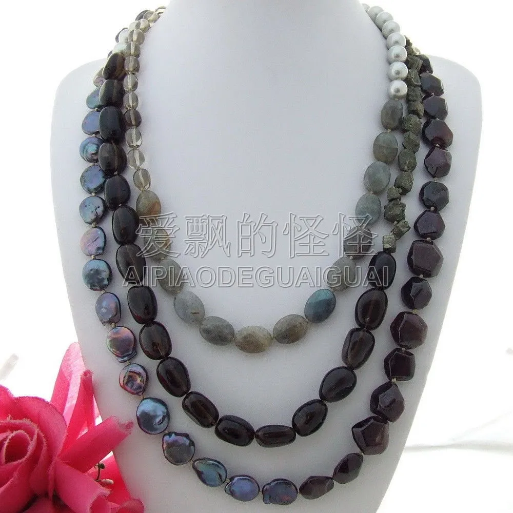 

Women's 79" Gray Sea Shell Pearl Garnet Smoky Crystal Gems Stone Necklace