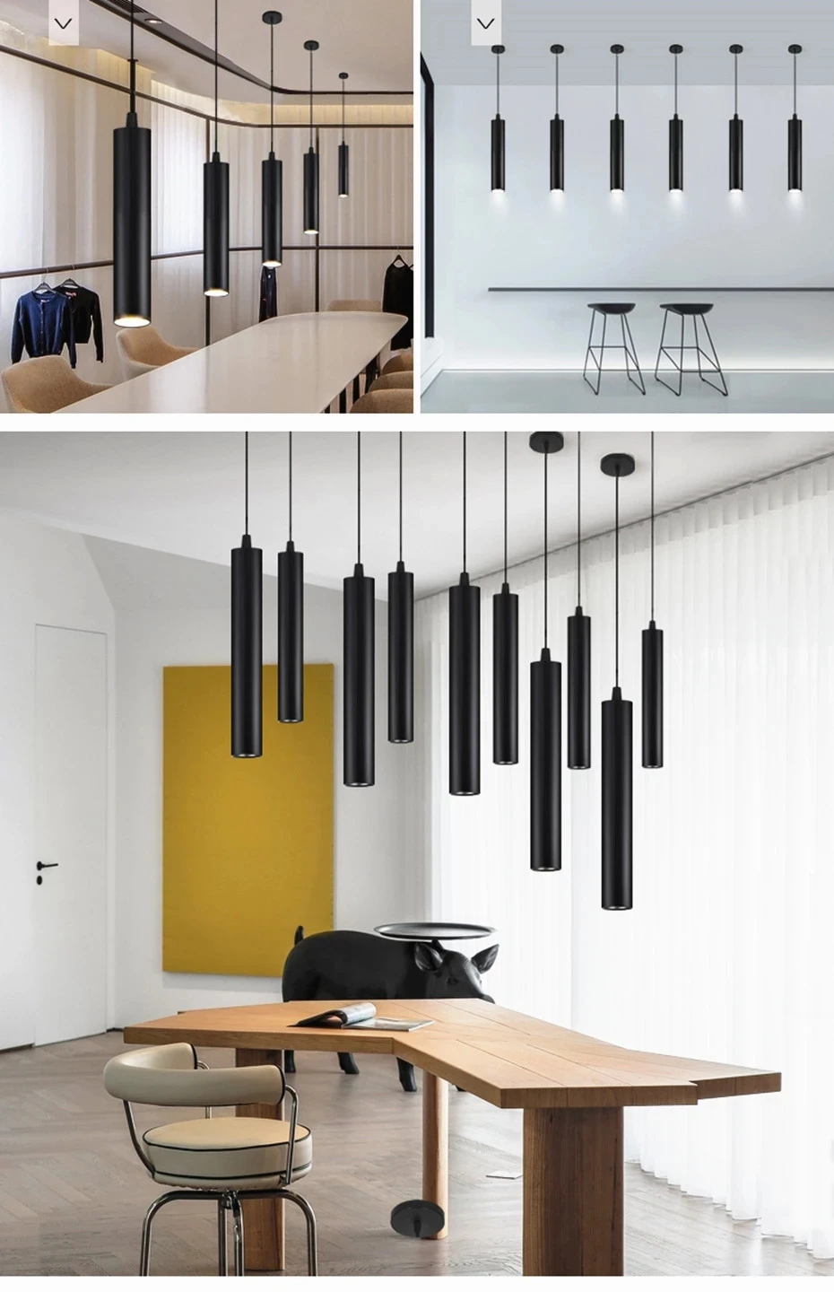 Led Hanging Lamp Long Tube lamp Kitchen Island Dining Room Shop Bar Decoration Cylinder Pipe Black Pendant Light Kitchen Lamp