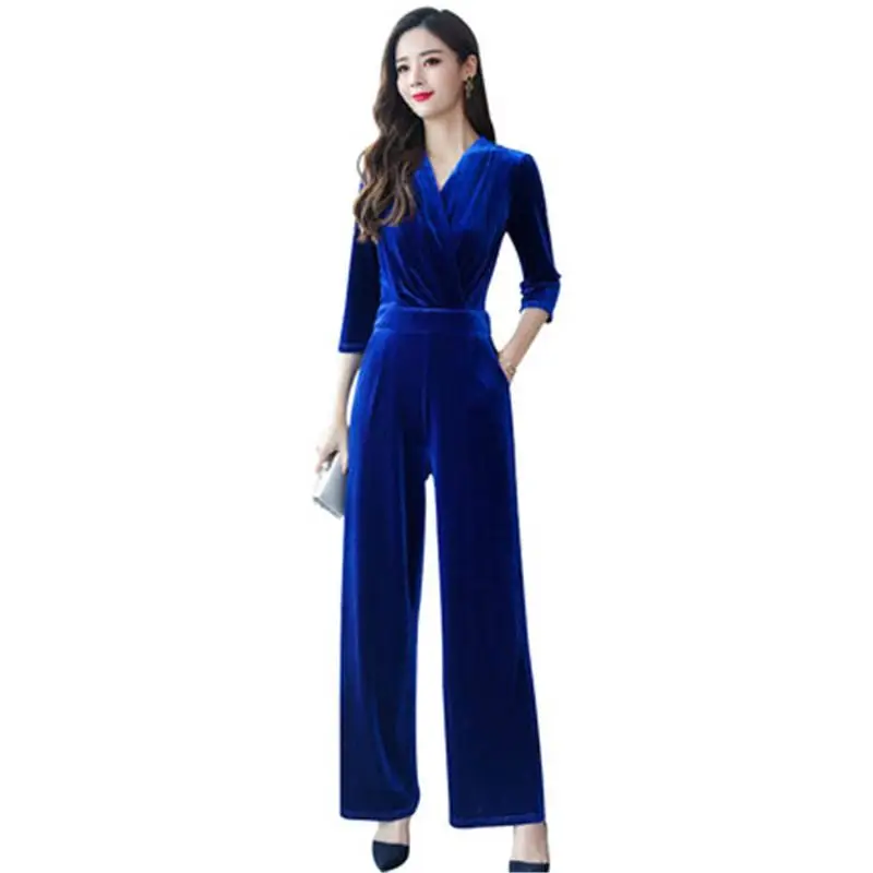 

2019 Spring Autumn Women High Waist Bandage Romper Female Elegant Gold Velvet Jumpsuit Lady V Neck Solid Wide Leg Overalls Z318