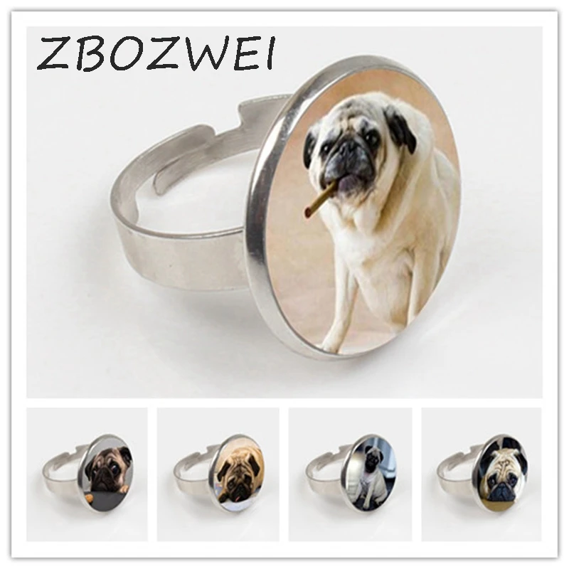

ZBOZWEI 2018 Wholesale Glass Dome Round Ring Animals Jewelry Pug Ring Dog Picture Ring The Best Gift for Dog