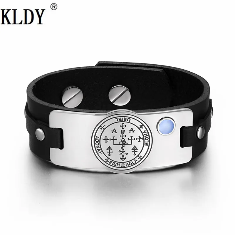 

KLDY Wicca Blue Simulated Cats Eye Adjustable Leather Bracelet high end stainless steel metal men Bracelets Trendy women Jewelry