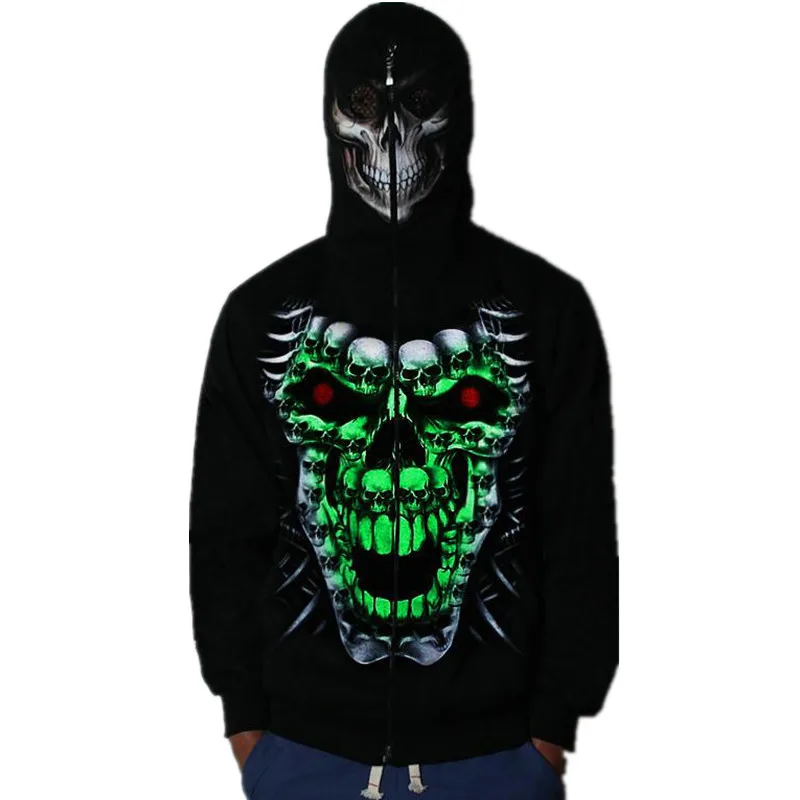

Spring Autumn Winter Men Luminous Skull Print Fleece Hooded Hoodies 3D Hip Hop Plus Size Skull Mask Sweatshirt Zipper Coat SSW68