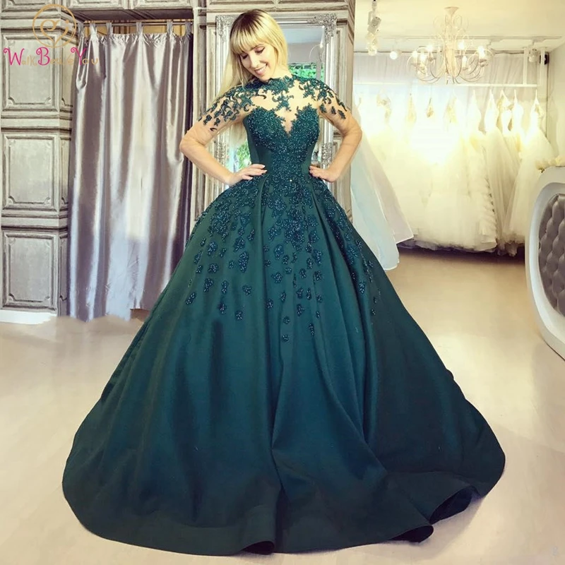 

Vintage 2019 Evening Dress A-line Fluffy Satin Full Tulle Sleeves High Neck Sweep Train Custom Made Beading Appliques Prom Gown