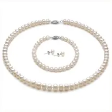 Горячая дешевая Акция! 7-8 мм Размер пресной воды Жемчужный ювелирный набор, модное ожерелье браслет серьги набор для красивой невесты