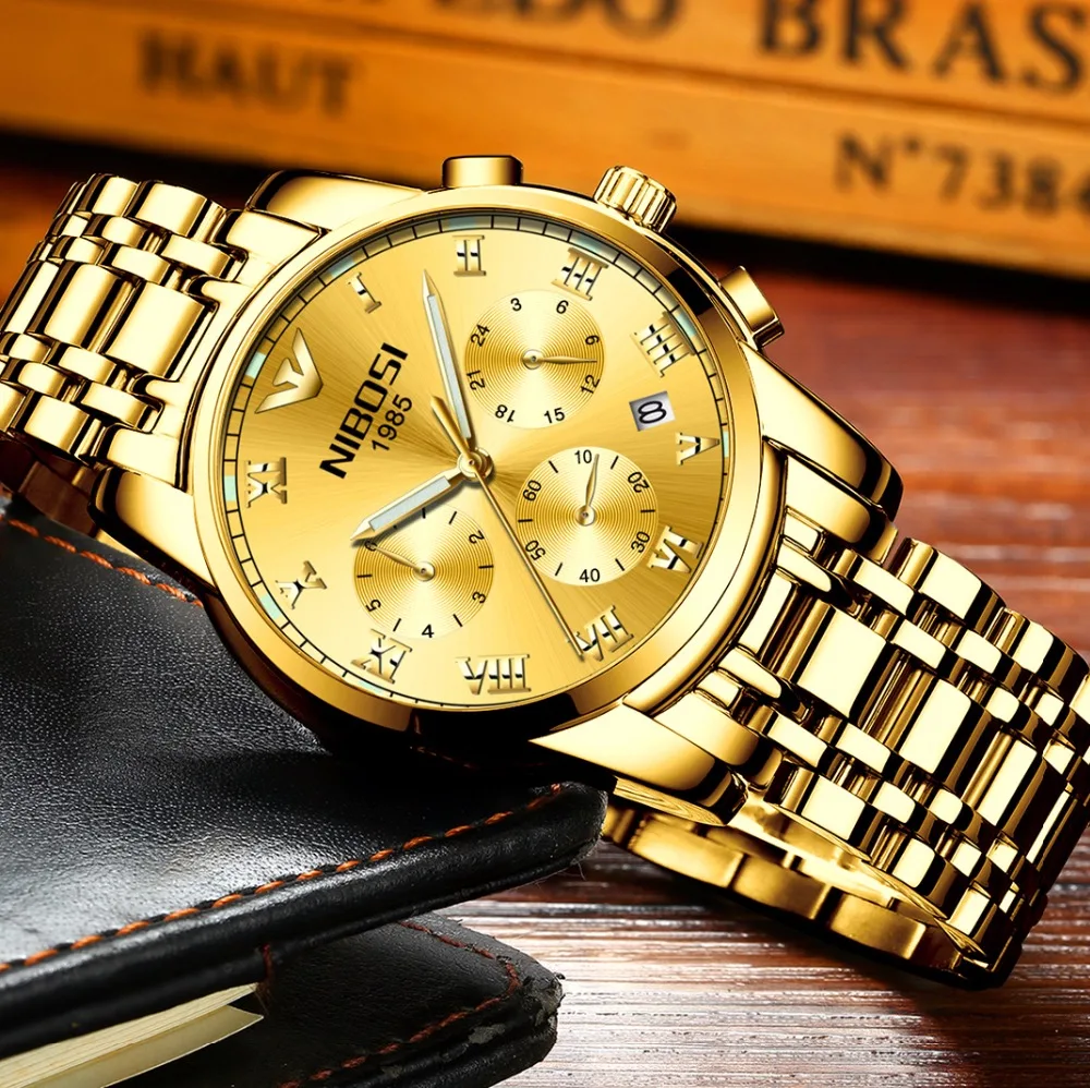 Billige NIBOSI Gold Luxus Berühmte Top Marke Männer Goldene Uhr Relogio Masculino Militär Armee Analog Quarz Armbanduhr Für Unternehmer