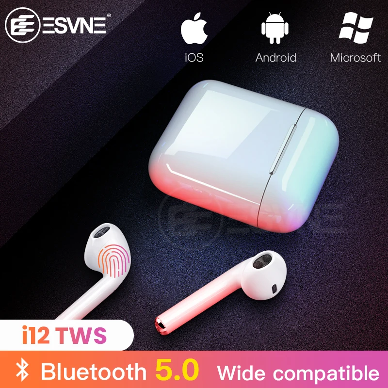 ESVNE i12 tws беспроводные Bluetooth наушники, стерео наушники, Спортивная гарнитура с зарядным устройством для всех смартфонов, беспроводные наушники