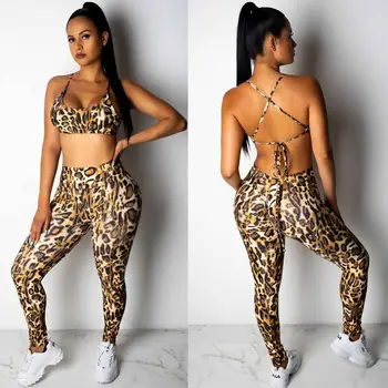 

Ladies Skinny Outfit Wear Set 2Pcs Women Summer Sexy Leopard Print Sleeveless Vest Crop Top Leggings two piece set