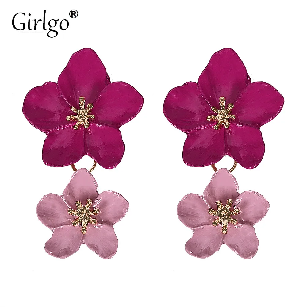 

Girlgo 2019 New Design Fashion Jewelry Elegant Big Double Flower Mixed Earrings Summer Style Beach Party Earrings for Women Gift