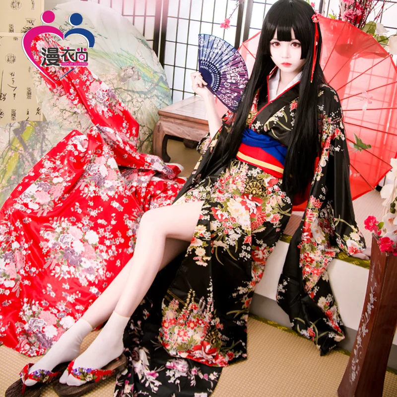 

Jigoku Shoujo Enma Ai Maid Dress Kimono Yukata Uniform Outfit Anime Cosplay Costumes Kimono + Belt + bowknot + folding fan
