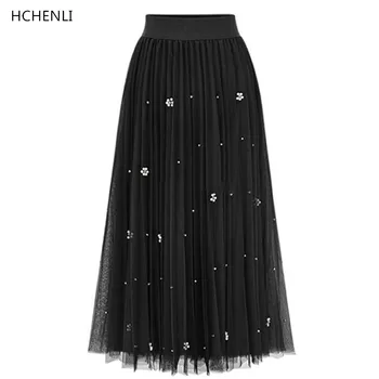 

HCEHNLI Brand 2017 Women Top Mesh Ball Gown Fashion Elastic High Waist Ankle-Length Skirt Lady White Pearl High Quality Clothing