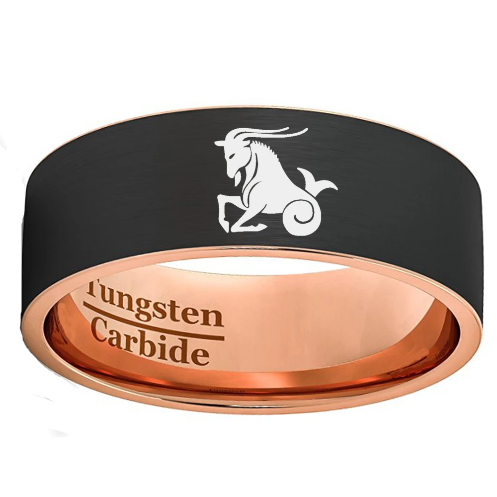 

Custom Zodiac Capricorn Flat Matte Recording Rings for Men Women 8mm Black & Rose Gold Color Tungsten Carbide Wedding Band