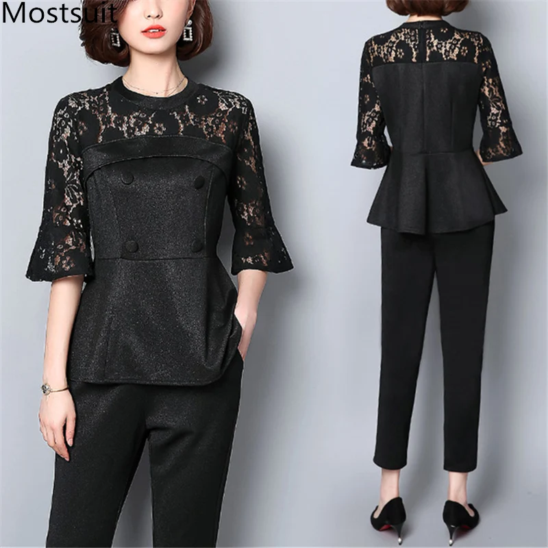 

Plus Size Black Office Two Piece Sets Women Hollow Lace Patchwork Flare Sleeve Tops And Cropped Trousers Sets Suits Women's Sets