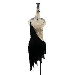Стразы Для женщин латинское платье для танцев черного цвета с бахромой танцевальный зал состязание платья для сальсы, ча-ча, румбы, самбы;