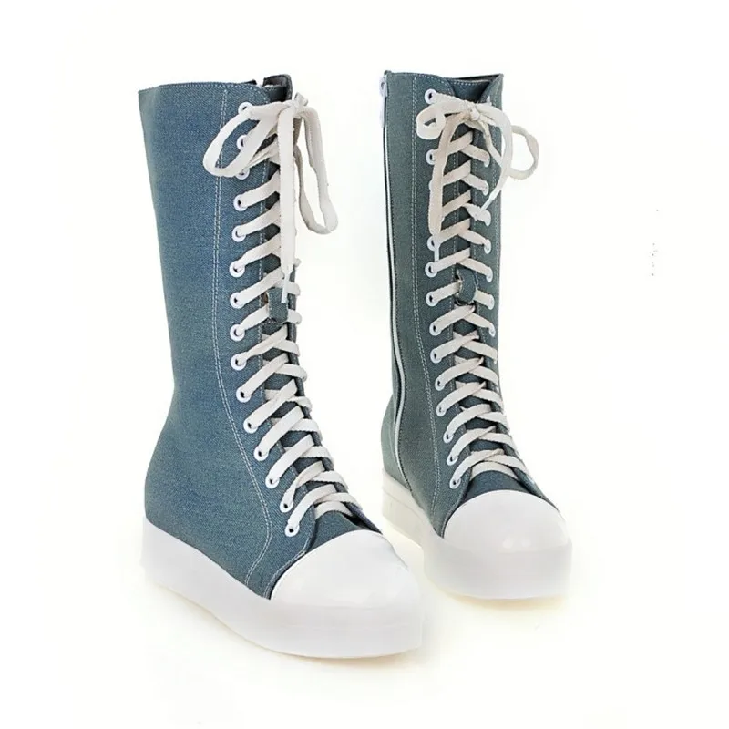 Fashion Canvas Lace Up Women Knee High Boots Round Toe Short Plush Women Snow Boots Tall Punk Casual Flat Platform Shoes Boots (14)