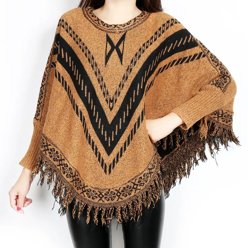 

Free shipping New Fashion 2019 Autumn Winter Women Oversized Wool stripe Pullovers Sweaters Bat Sleeve shawl poncho