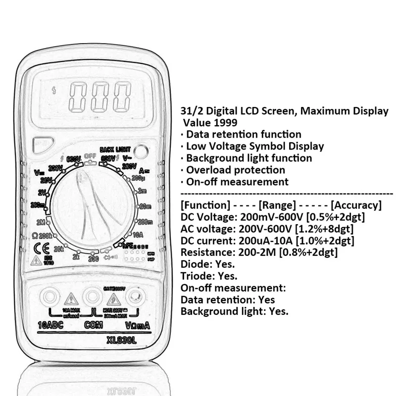 XL830L Ручной цифровой портативный AC/DC Амперметр Вольтметр Ом тестер напряжения метр Multimetro мультиметр ЖК-дисплей подсветка