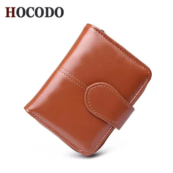 

HOCODO Luxury Brand Women's Oil Wax Leather Retro Coin Purse Fashion Short Wallet Student Multi-Card Zipper Small Wallet Clutch