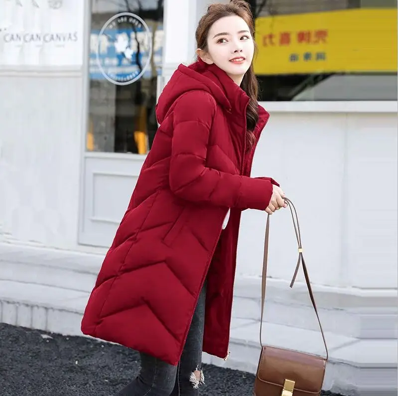 4XL 5XL 6XL Large Size Women Autumn Winter Coat Hooded Womans Down Jacket Red Wine Parkas Winter Jacket Female Warm Outerwear - Color: Burgundy