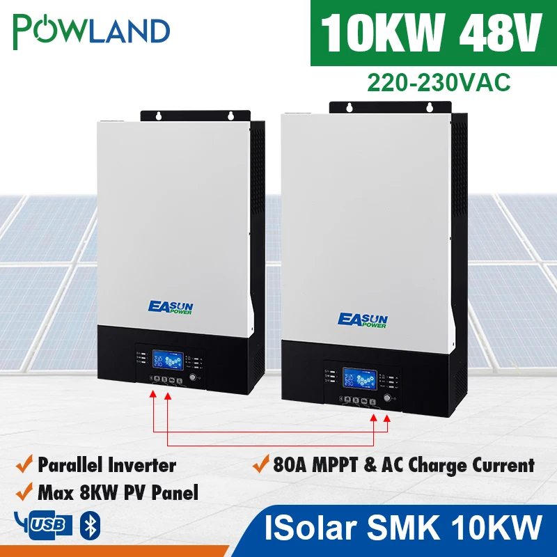 

POWLAND Bluetooth 10Kw Parallel Inverter 220V 48v solar Inverter MPPT solar charger Off Grid Pure Sine Wave 80A Battery Charger