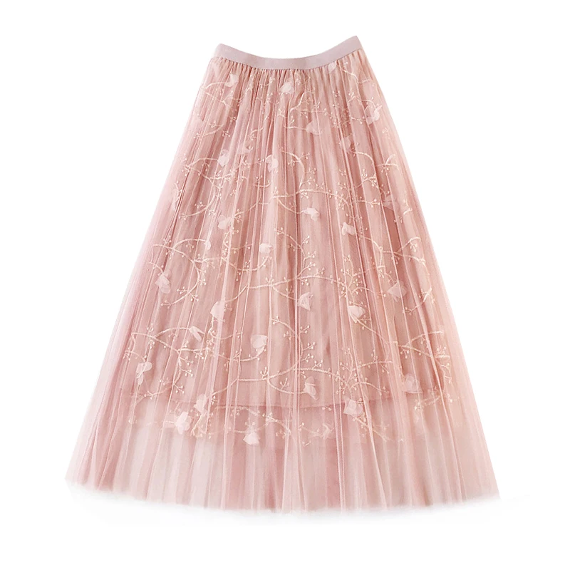 Ladies 3 D Embroidery Mesh Skirt Female Spring and Summer Long Fairy Skirt Elastic Wasit A Line Flower Embroidered Women Skirts Ladies 3 D Embroidery Mesh Skirt Female Spring and Summer Long Fairy Skirt Elastic Wasit A Line Flower Embroidered Women Skirts
