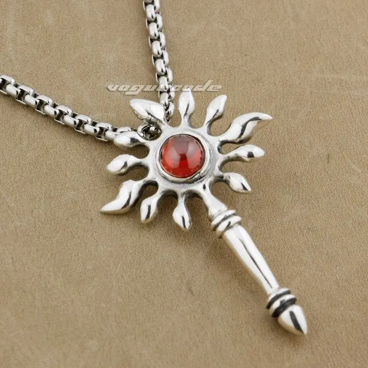 

Red CZ Stone 925 Sterling Silver Scepter Fashion Sun Pendant 9L006(Necklace 24inch)