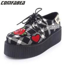 2017 Women Spring Autumn Classic Embroidered roses Punk Gothic Platform Creeper Shoes Women HARAJUKU Punk shoe Grey color