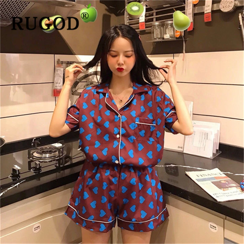 RUGOD горячая Распродажа, корейские женские пижамы, модные пижамы с принтом сердца, женские костюмы Харадзюку с коротким рукавом, 3 штуки, домашние наборы