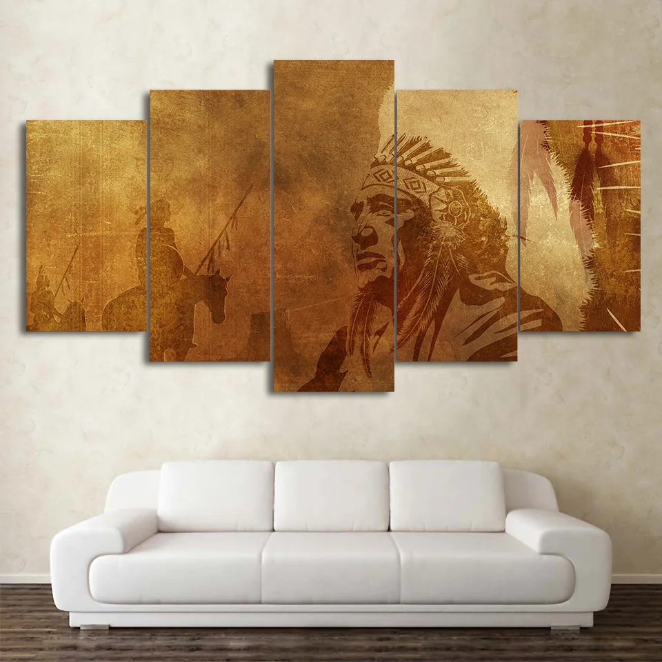 HD Printed 5 Piece Canvas Art American Indian Man Painting Modular Wall Pictures for Living Room Modern Free Shipping | Дом и сад