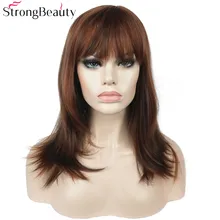 Strong Beauty Synthetic Long Straight Wigs Auburn Mix Bob Neat Bang Hairstyle for Women Full Wig Strong Beauty Synthetic Long Straight Wigs Auburn Mix Bob Neat Bang Hairstyle for Women Full Wig