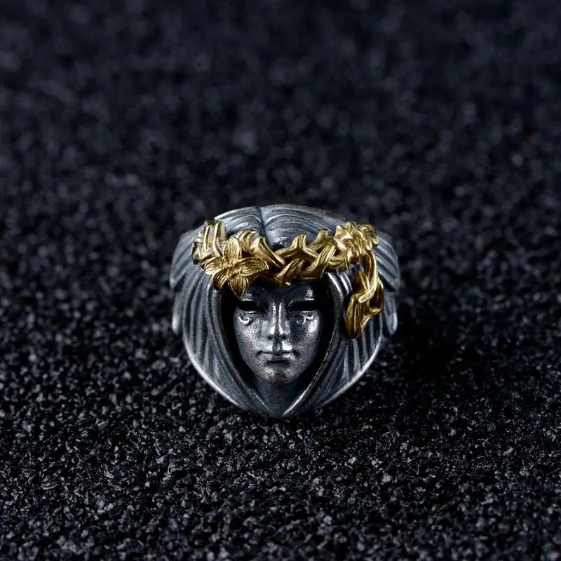 S925 silver vintage silver and copper combination craft men's goddess silver ring