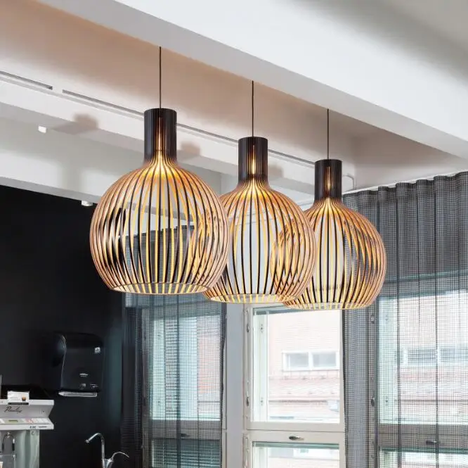 

Modern Black Wood Birdcage E27 bulb Pendant light norbic home deco bamboo weaving wooden Pendant lamp