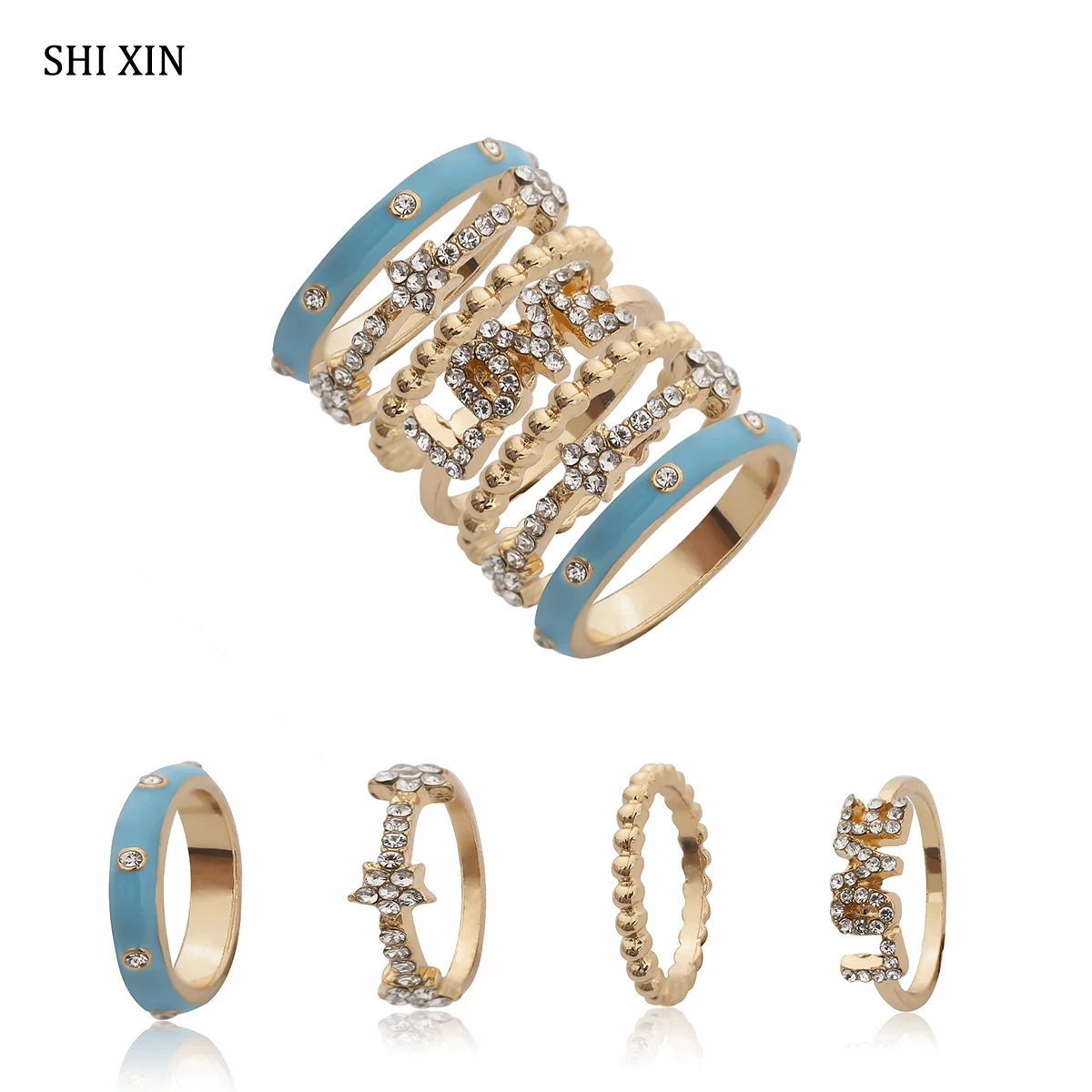 

SHIXIN 7pcs Love Rings for Women Promise Stackable Crystal Ring 2019 Fashion Boho Zircon Cocktail Finger Ring Set Ladies Jewelry