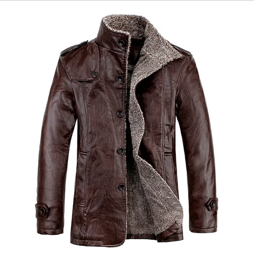 Новая брендовая куртка из искусственной кожи, мужские зимние куртки и пальто, уплотненная шерстяная ветровка, теплая куртка для мужчин размера плюс M-3XL - Цвет: Brown