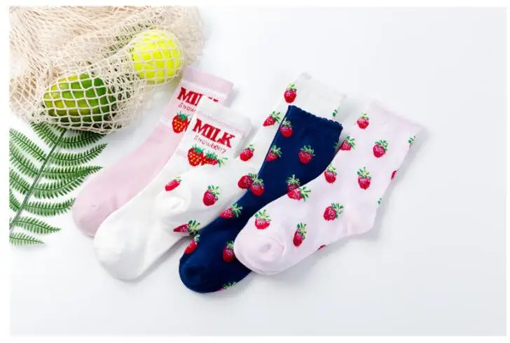 5 пар Kawaii фруктовый принт клубника молочно-розовый белый женские носки японские смешные носки Харадзюку Calcetines Mujer