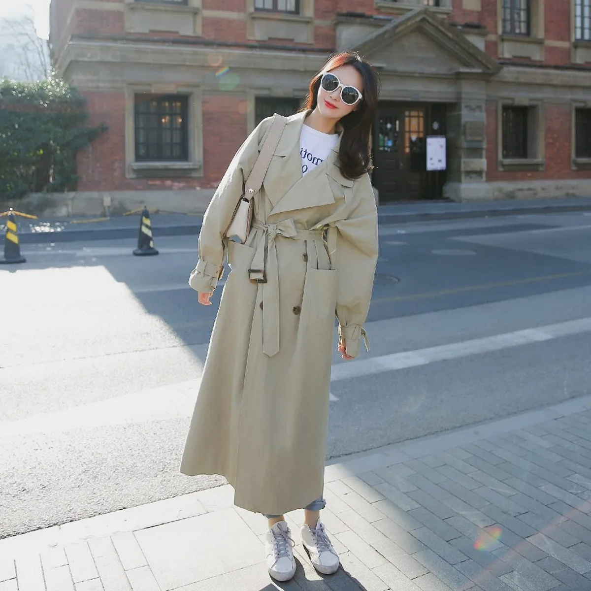 

Long Trench Coats Fashion Lady Waist Sashes Outerwear Windbreaker Loose Coat Big Pocket Overknee Trench Women Chic Dust Coat