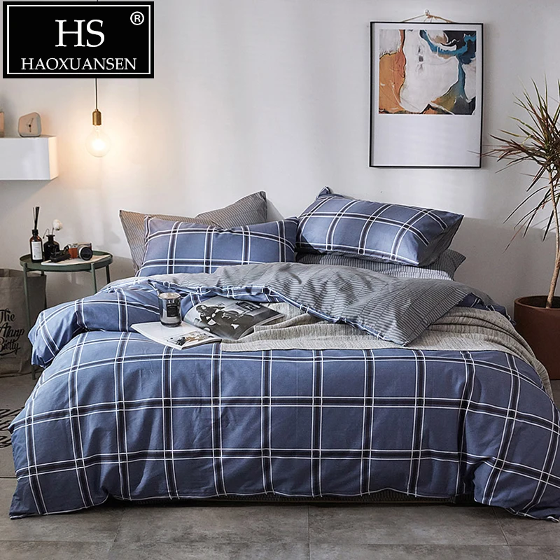 

HS Plaid Stripes Print 3/4pcs Bedding Sets British 100% Cotton Bed Linen Set King Queen Twin Size Duvet Cover Bed Sheets Set