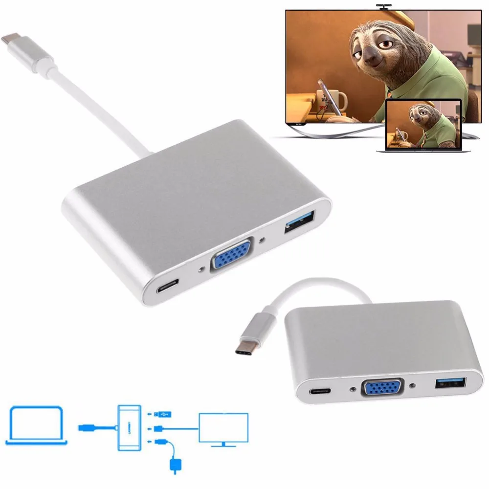 

LYBALL USB C 3.1 Type-C to VGA USB 3.0 USB Type C PD Hub Female Adapter for New Macbook 12 inch Chromebook Pixel Lumia 950XL